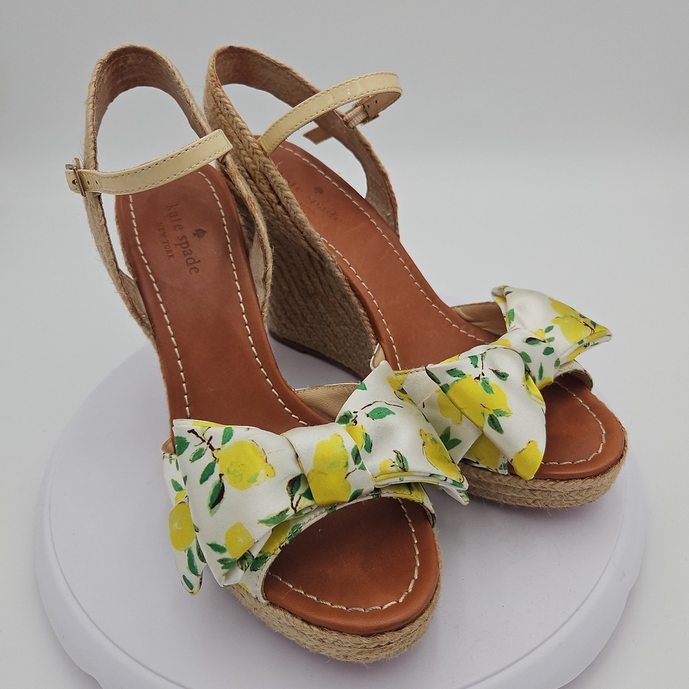 KATE SPADE New York "Lemon Toss" W/9.5 Platform Wedge Espadrille Ankle Strap EUC